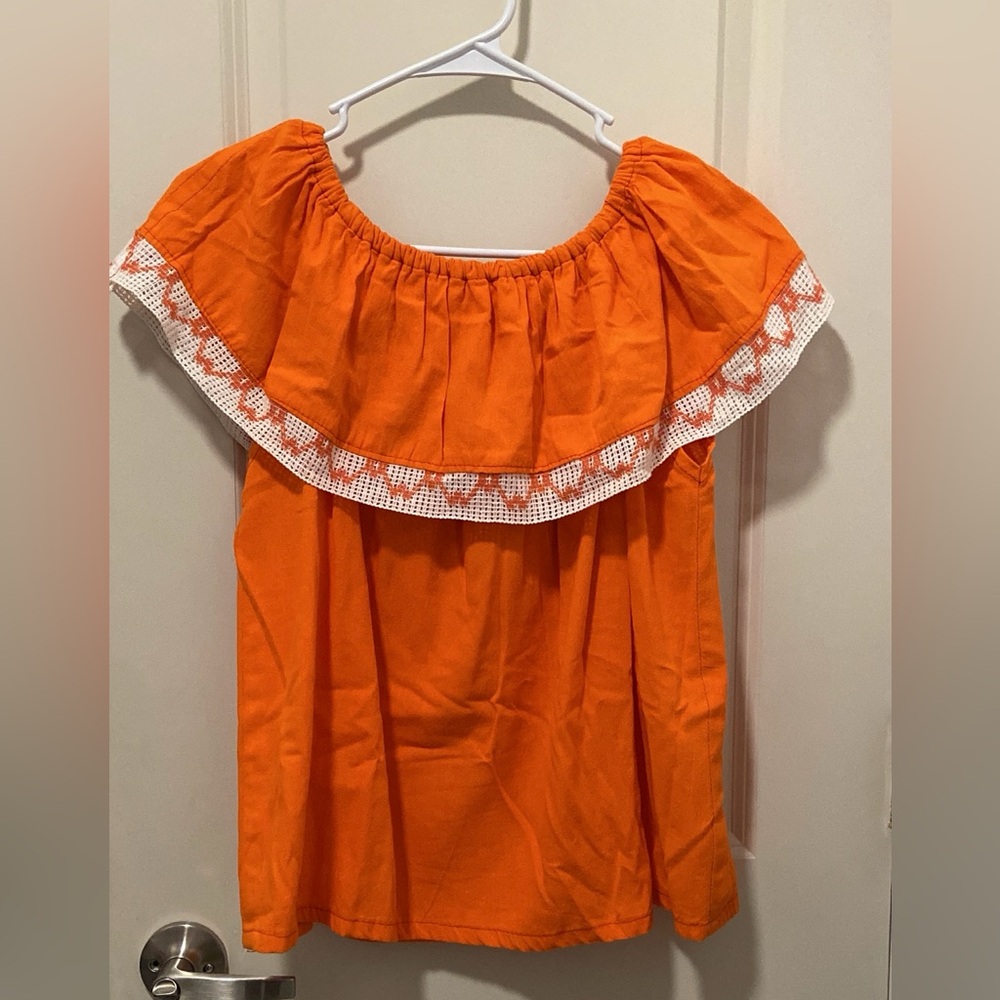 Orange Off-Shoulder Dress with White Trim